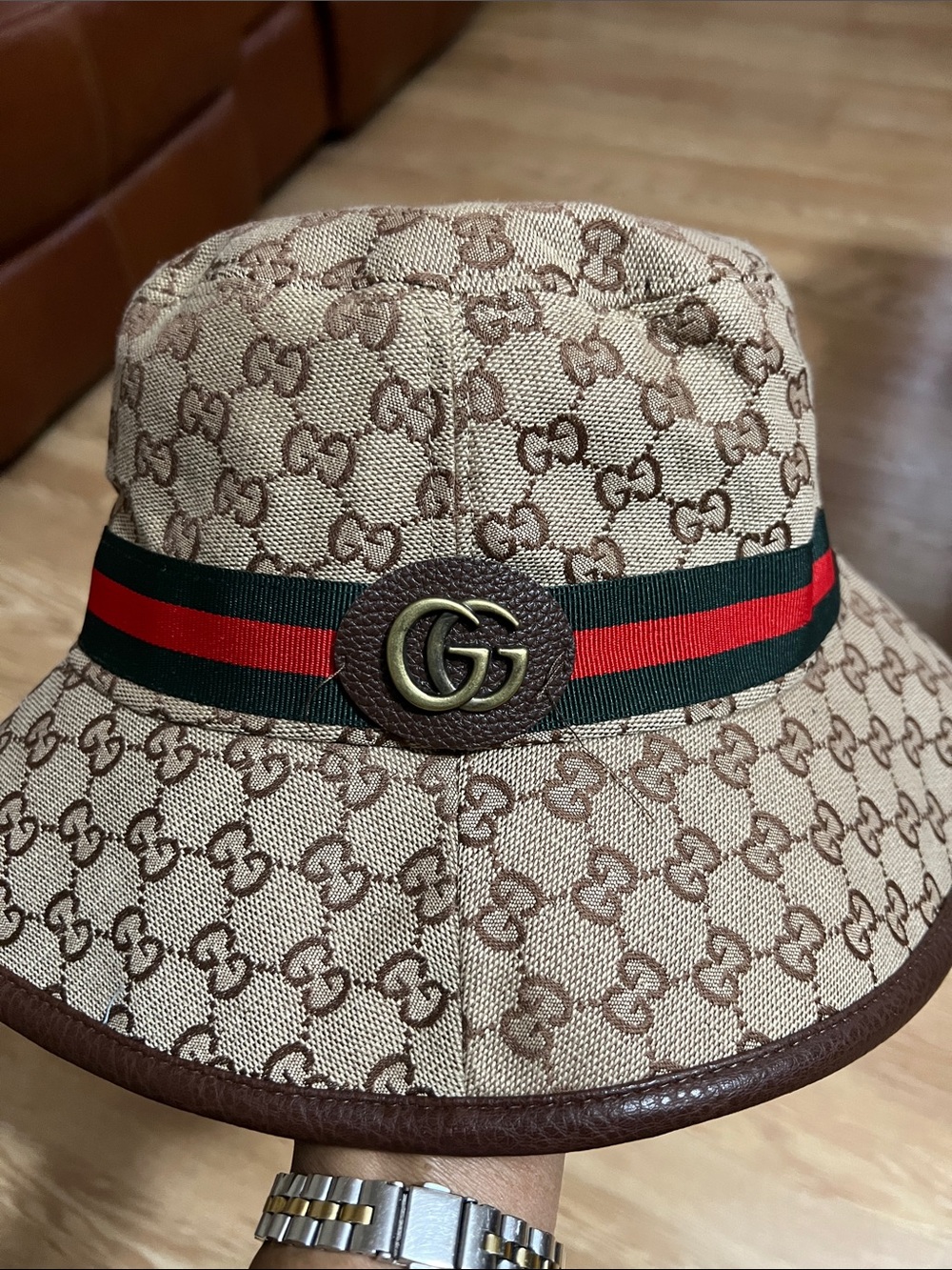 G Brown Monogram Canvas Bucket Hat with Green-Red Web